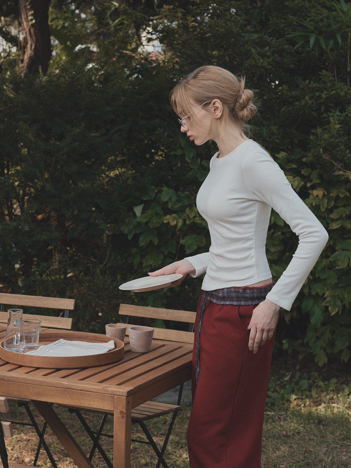 [TWEE] Teld Raffung Rundhals Langarmshirt