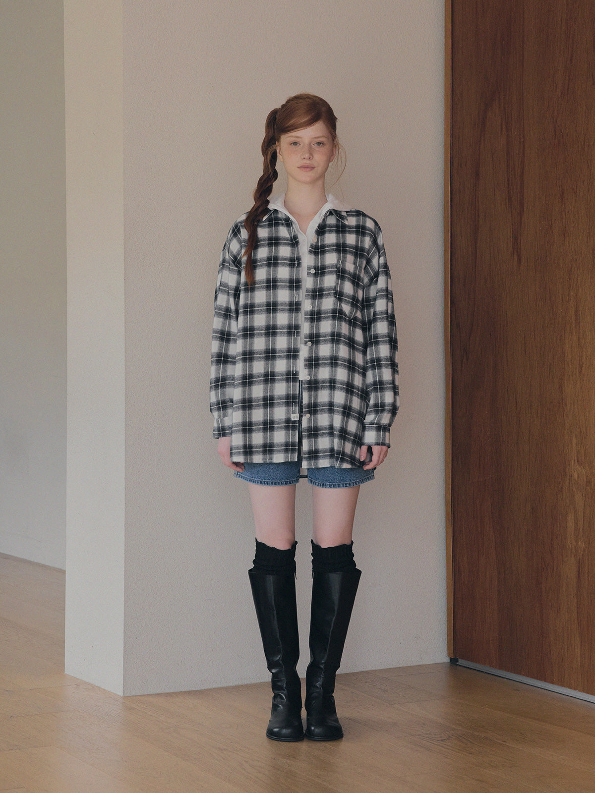 [TWEE] Rand Check Oversized Long Sleeve Shirt