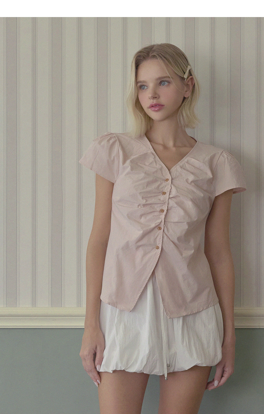 [TWEE] Witty Button Shirring Blouse