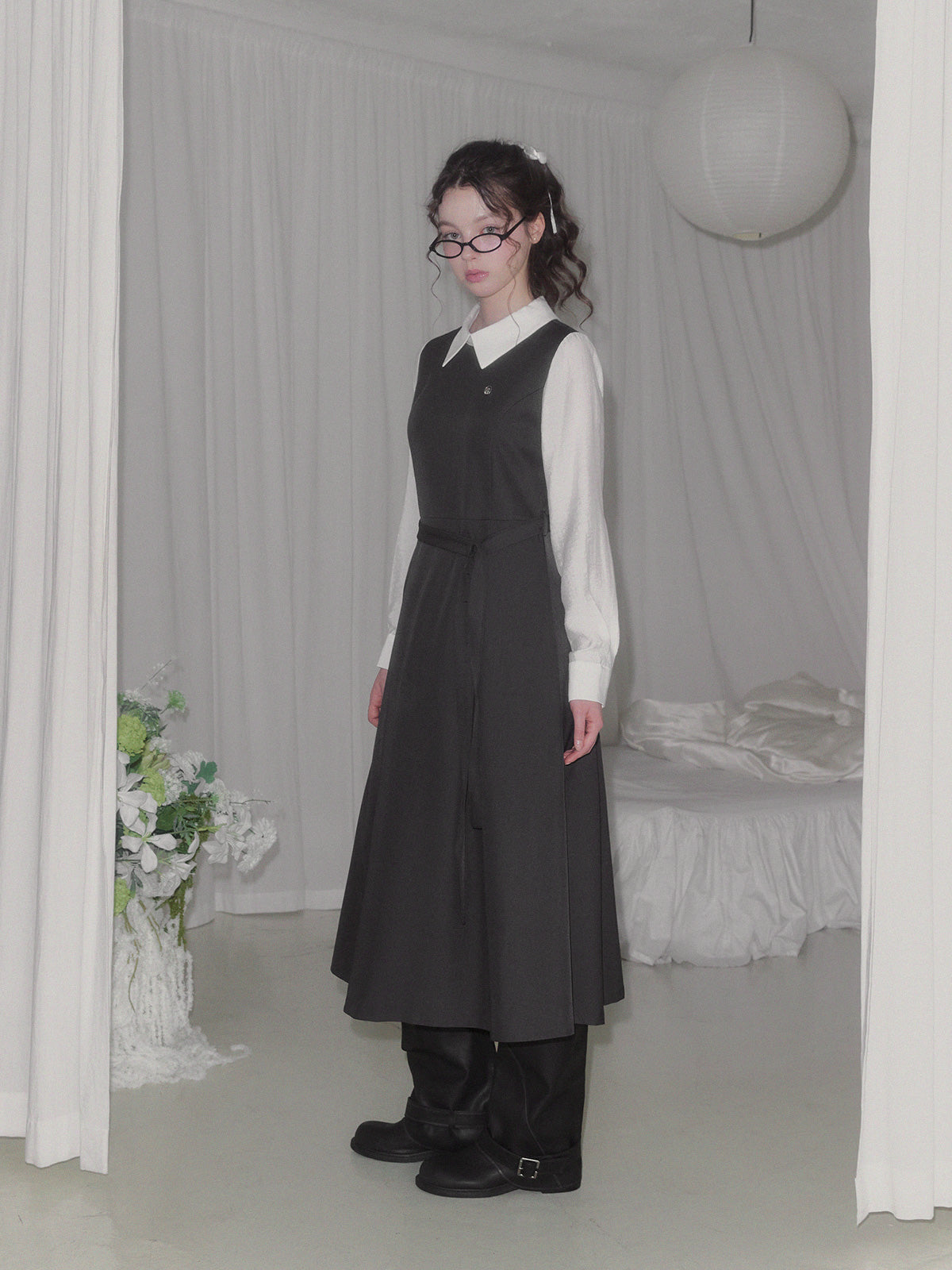 [TWEE] Riven shirt contrast pintuck long dress (strap set)
