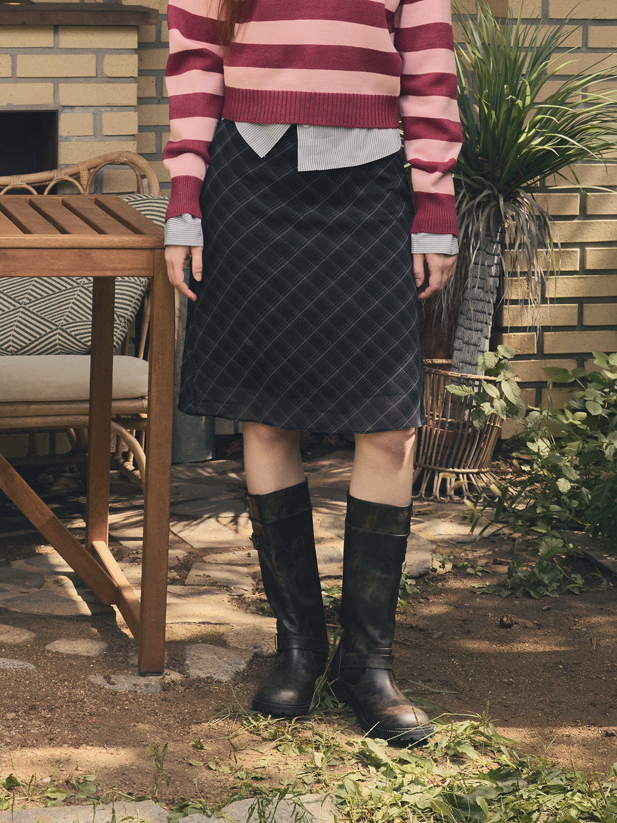【TWEE】Bennu Check Chiffon Midi Skirt