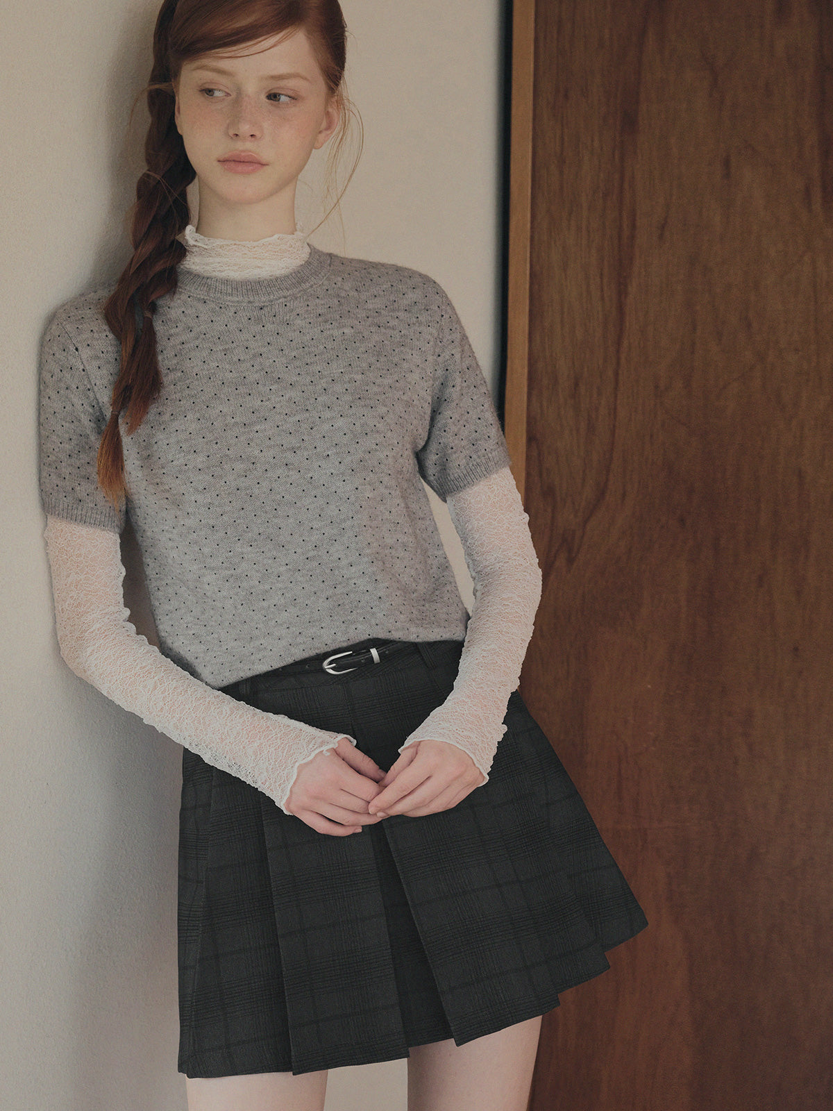 [TWEE] Roben Check Pleated Mini Skirt (with Belt Set)