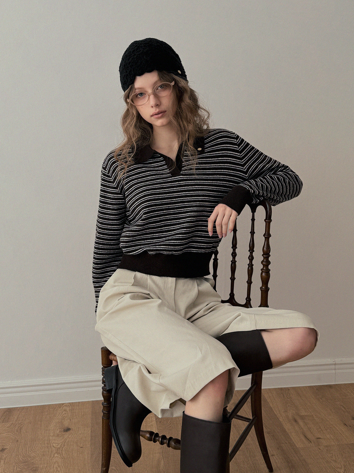 [TWEE] Stun Stripe Collar Long Sleeve Knit