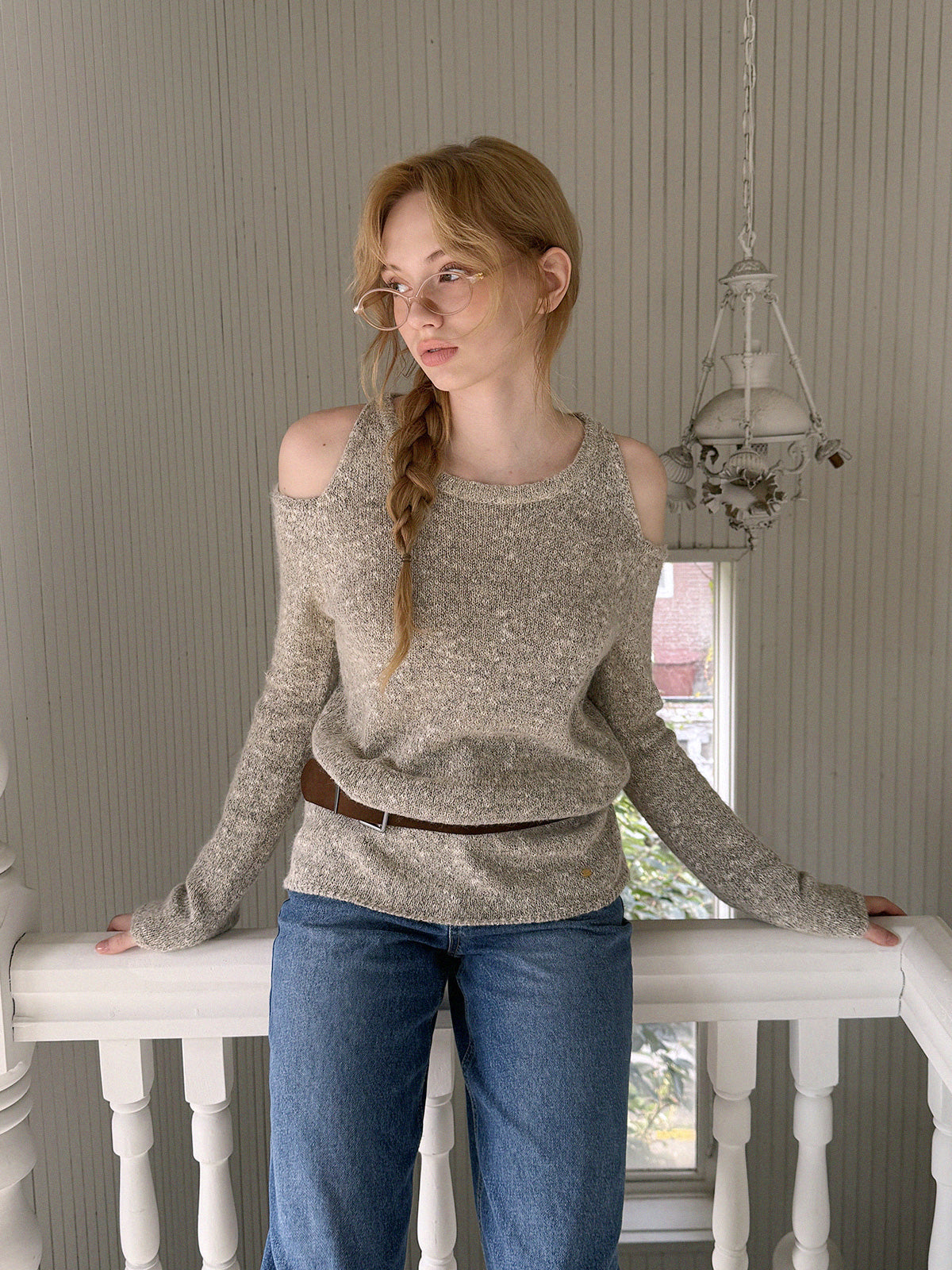 [TWEE] Bels Shoulder Cutout Knit Top (Belt Set)