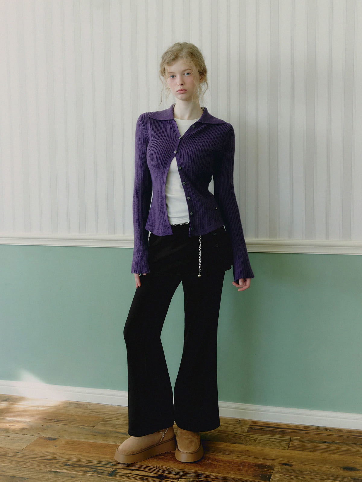 【TWEE】Tails-Kragen gerippte Langarm-Strickjacke