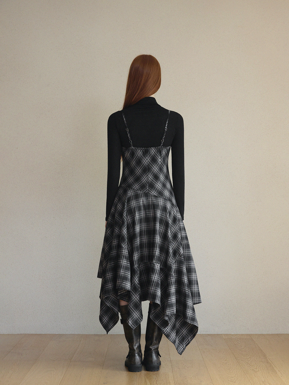 【TWEE】Drea Check Asymmetrical Sleeveless Long Dress