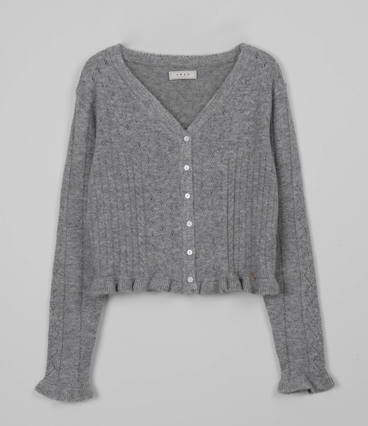 [TWEE] Snedy Punching Frill Knit Long-Sleeve Cardigan