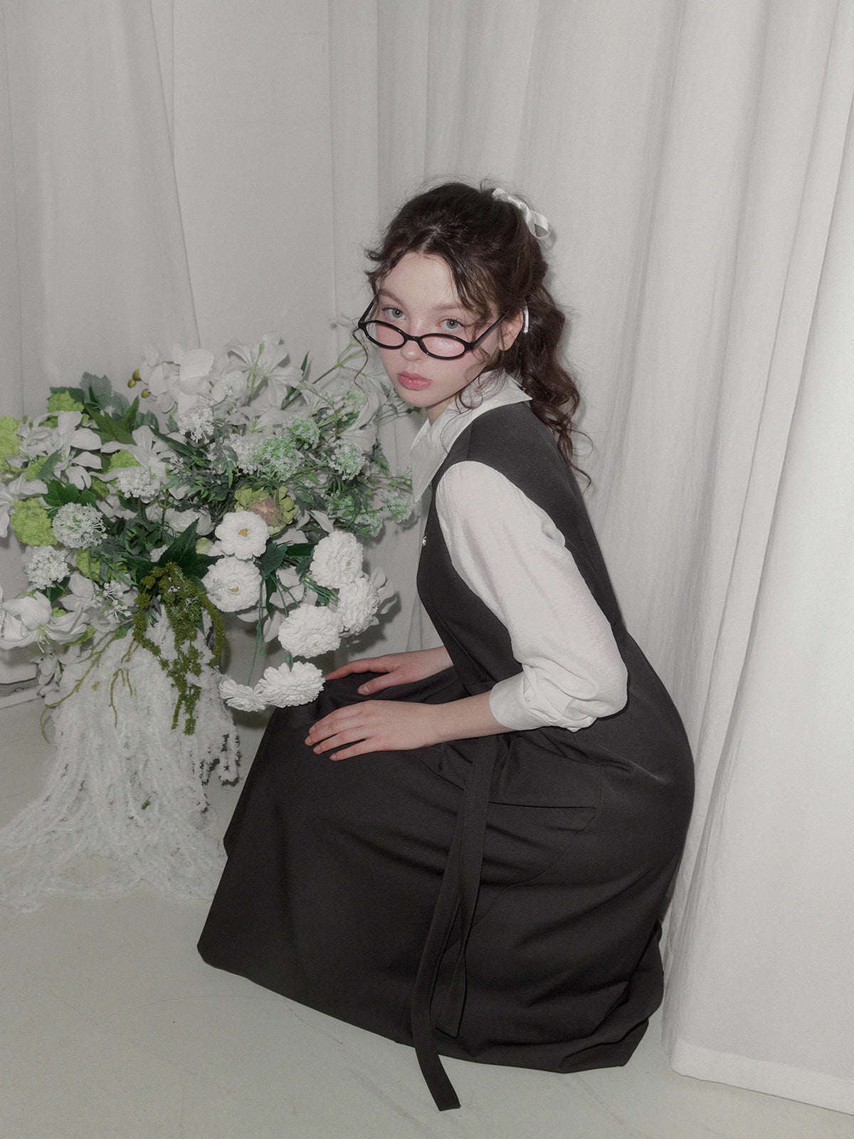 [TWEE] Riven shirt contrast pintuck long dress (strap set)