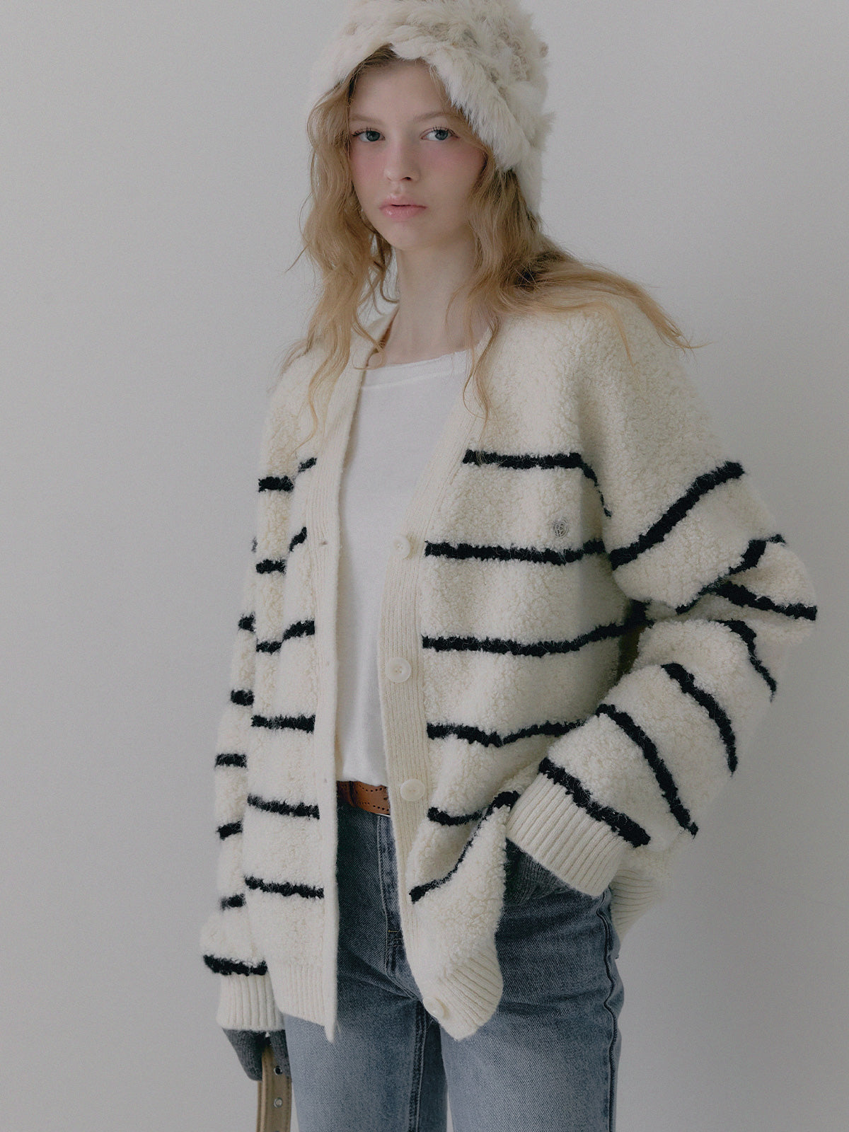 [TWEE] Cardigan Oversize a V con Bouclé a Righe Dent