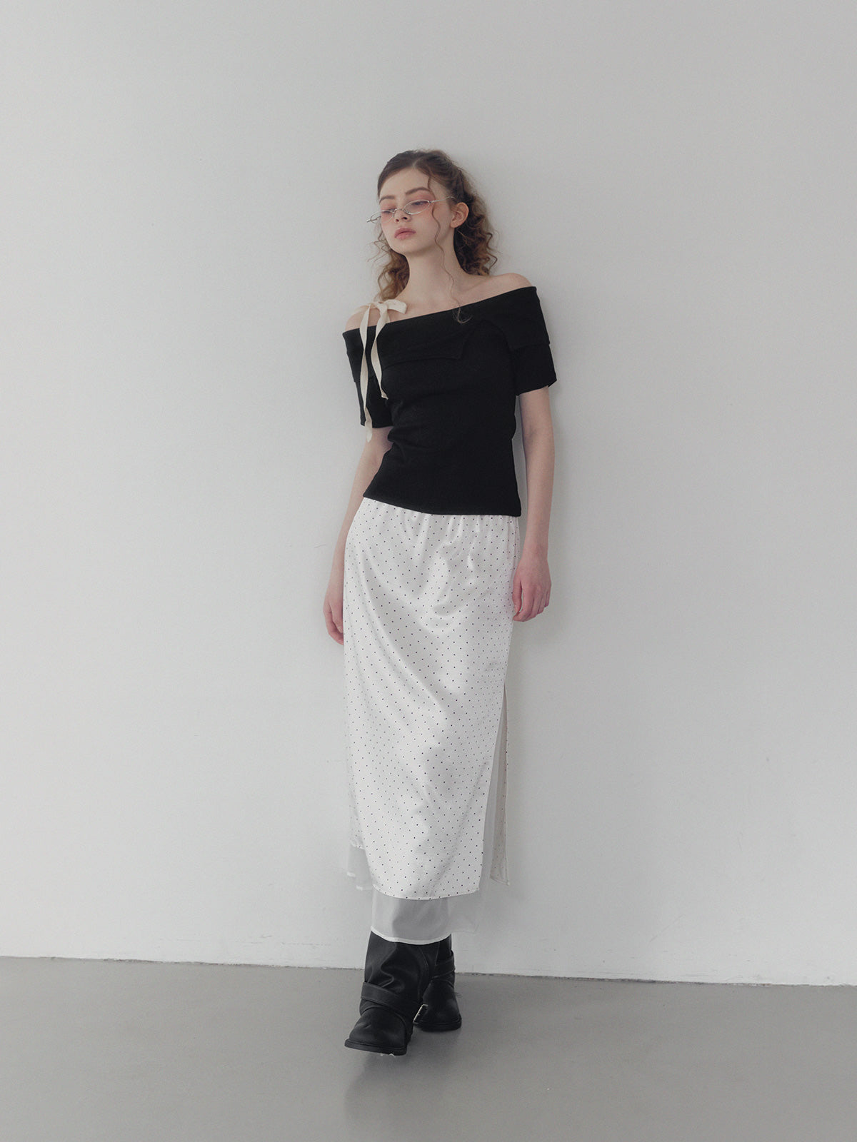 [TWEE] Purd dot layered banding long skirt
