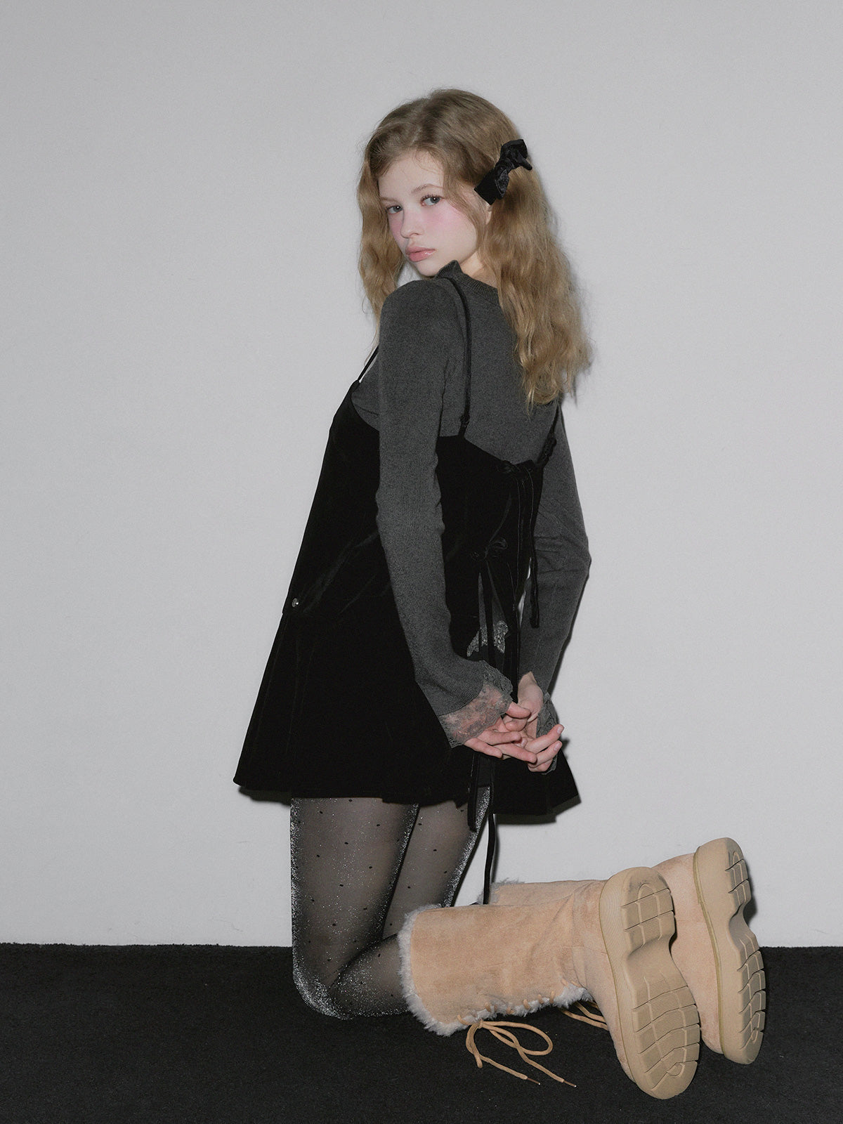 [TWEE] Pudin Velour Layered Mini Dress