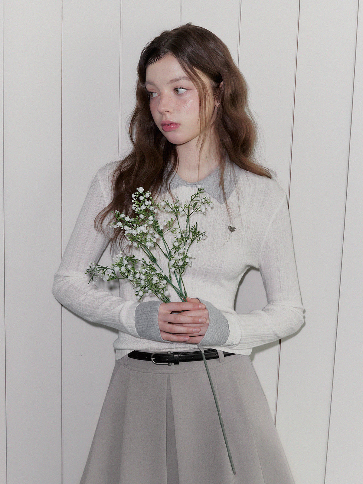 [TWEE] Groom Collar Contrast Long Sleeve Knit