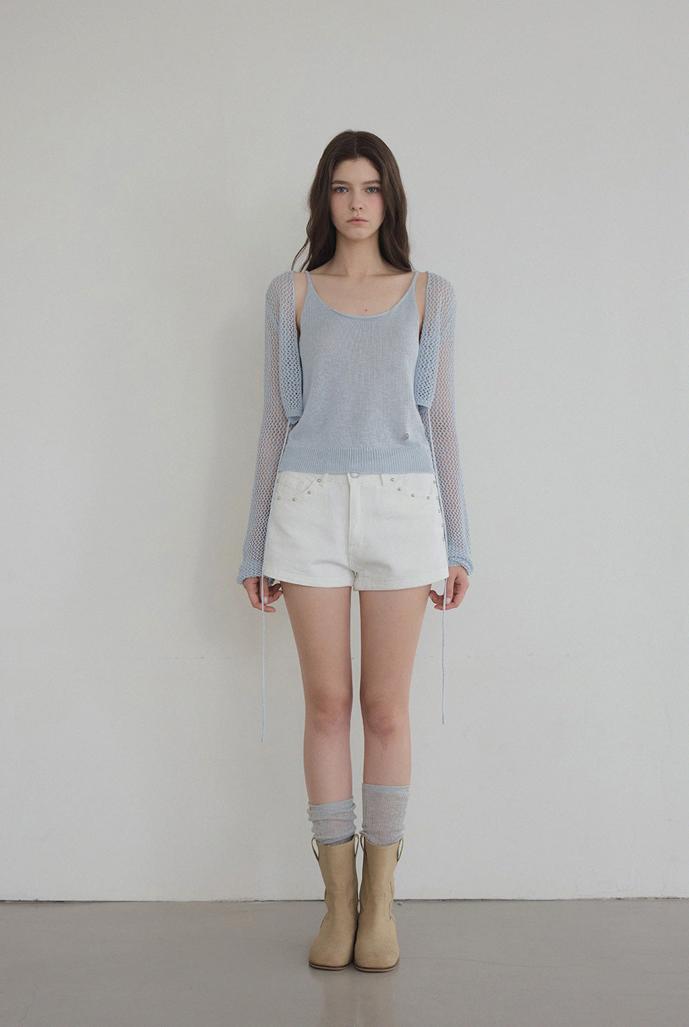 [TWEE] Louver Punching Strick Tank Cardigan Set