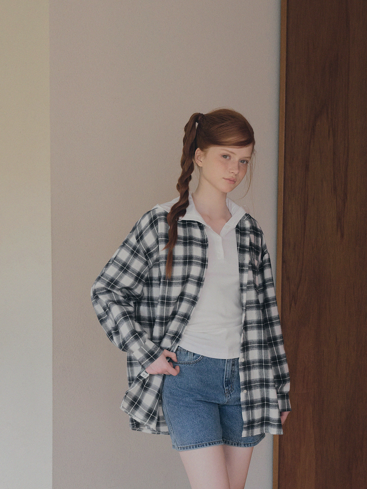 [TWEE] Rand Check Oversized Long Sleeve Shirt
