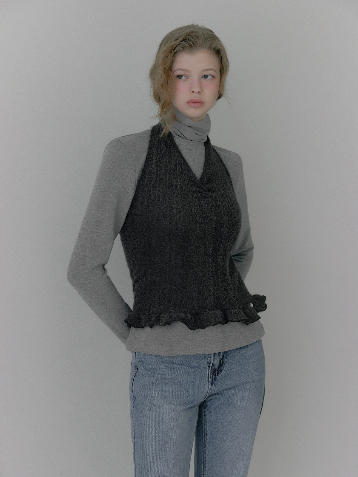 [TWEE] Áo Bustier Dây Yếm Họa Tiết Boucle Có Viền Xếp Ly