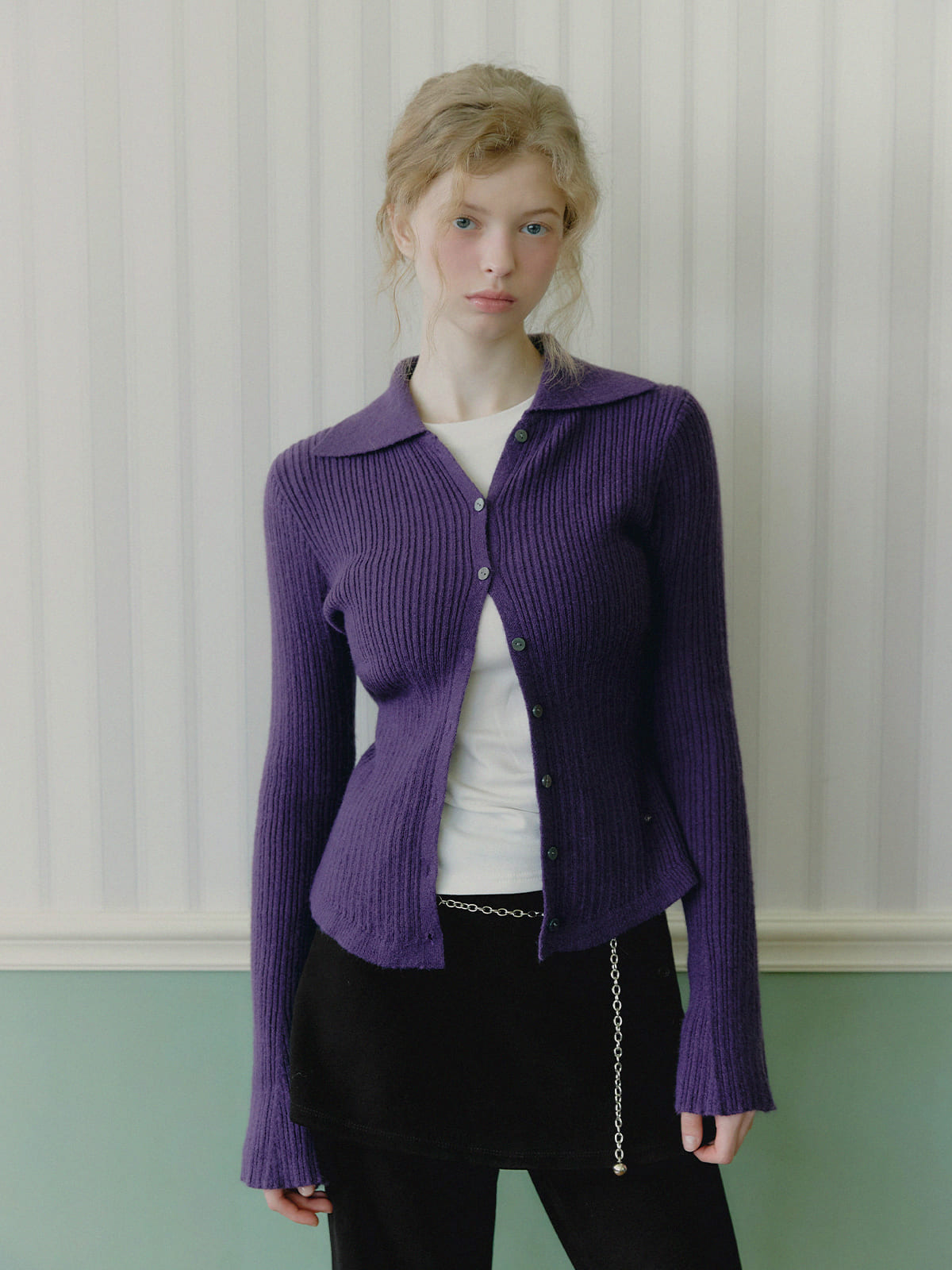 【TWEE】Tails-Kragen gerippte Langarm-Strickjacke