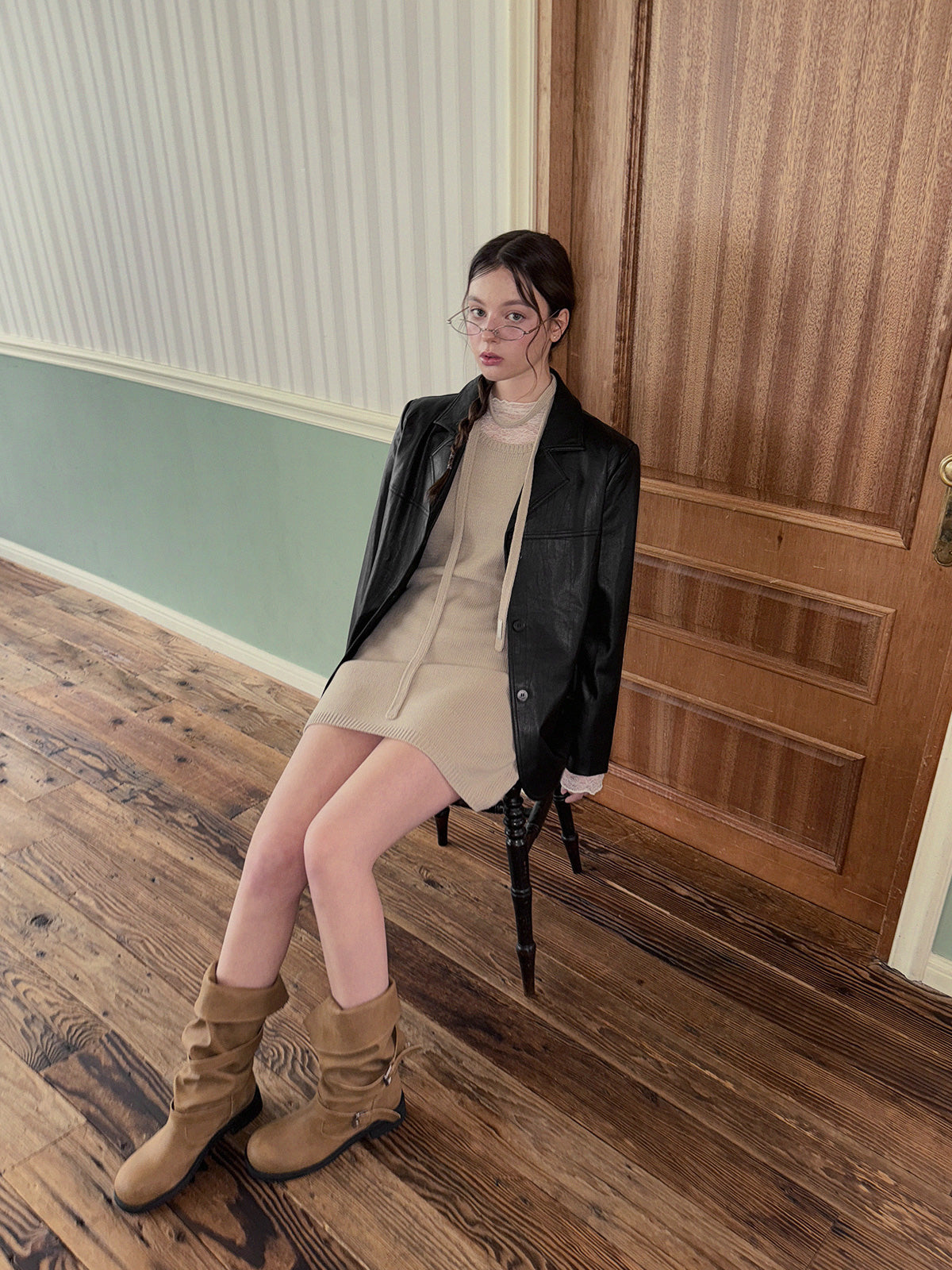 [TWEE] Eton Knit Short-Sleeve Mini Dress (Strap Set)