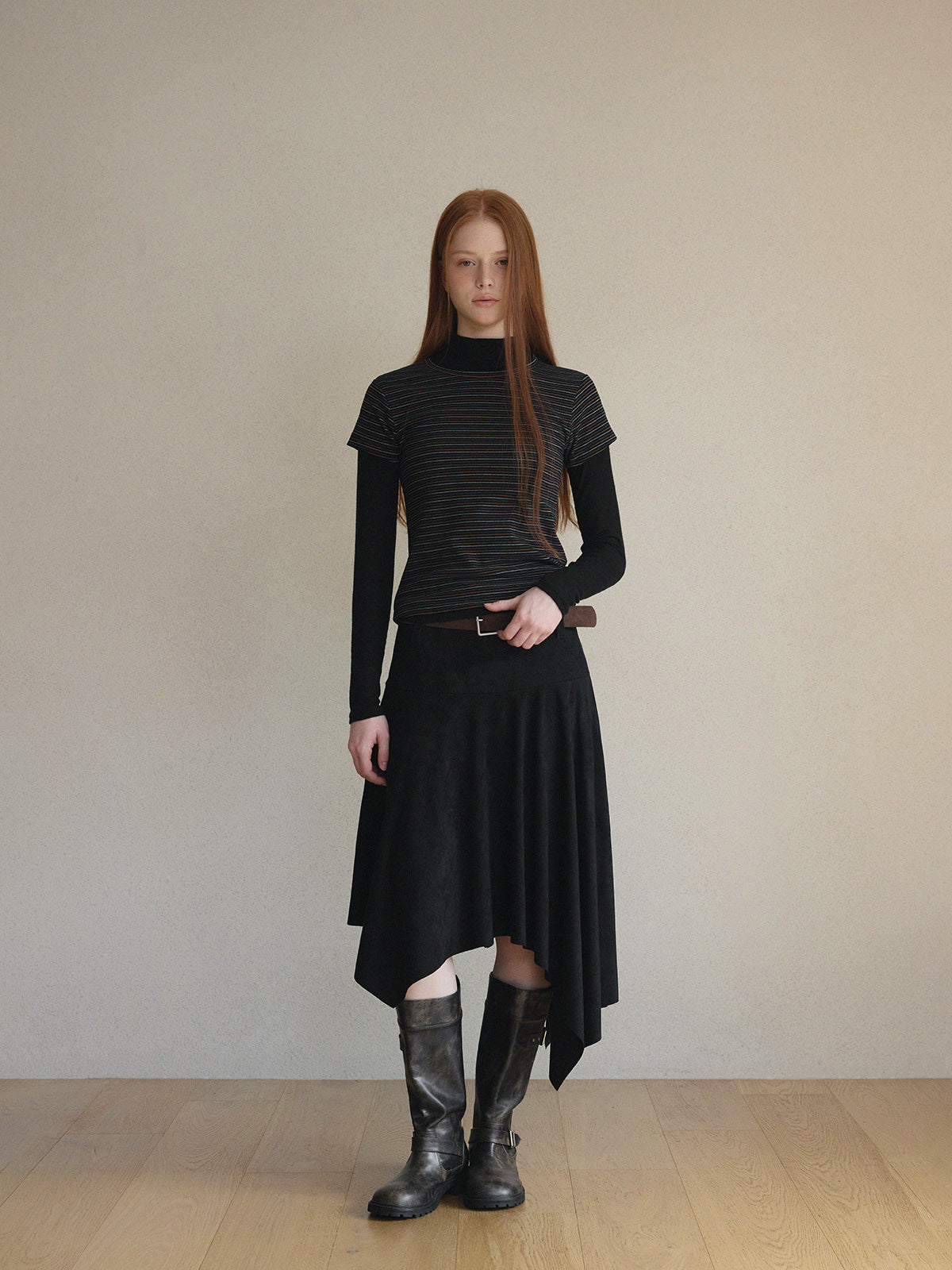 [TWEE] Aden Asymmetrical Suede Midi Skirt (with Belt Set)