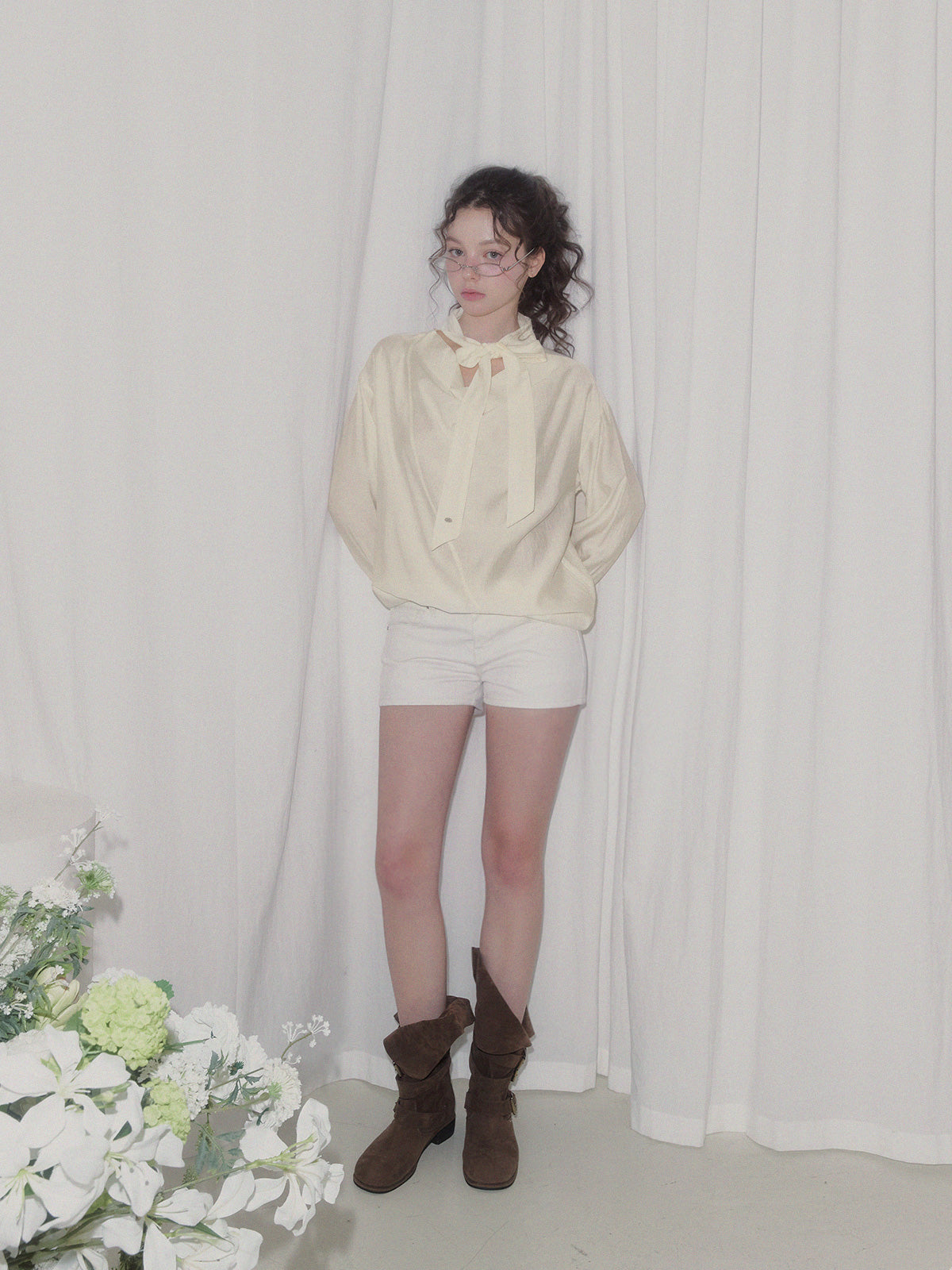 [TWEE] Eton drape strap long sleeve blouse