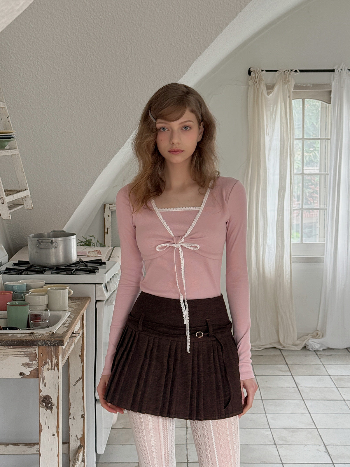 [TWEE] Bevil Layered Contrast Lace Long-Sleeve T-Shirt