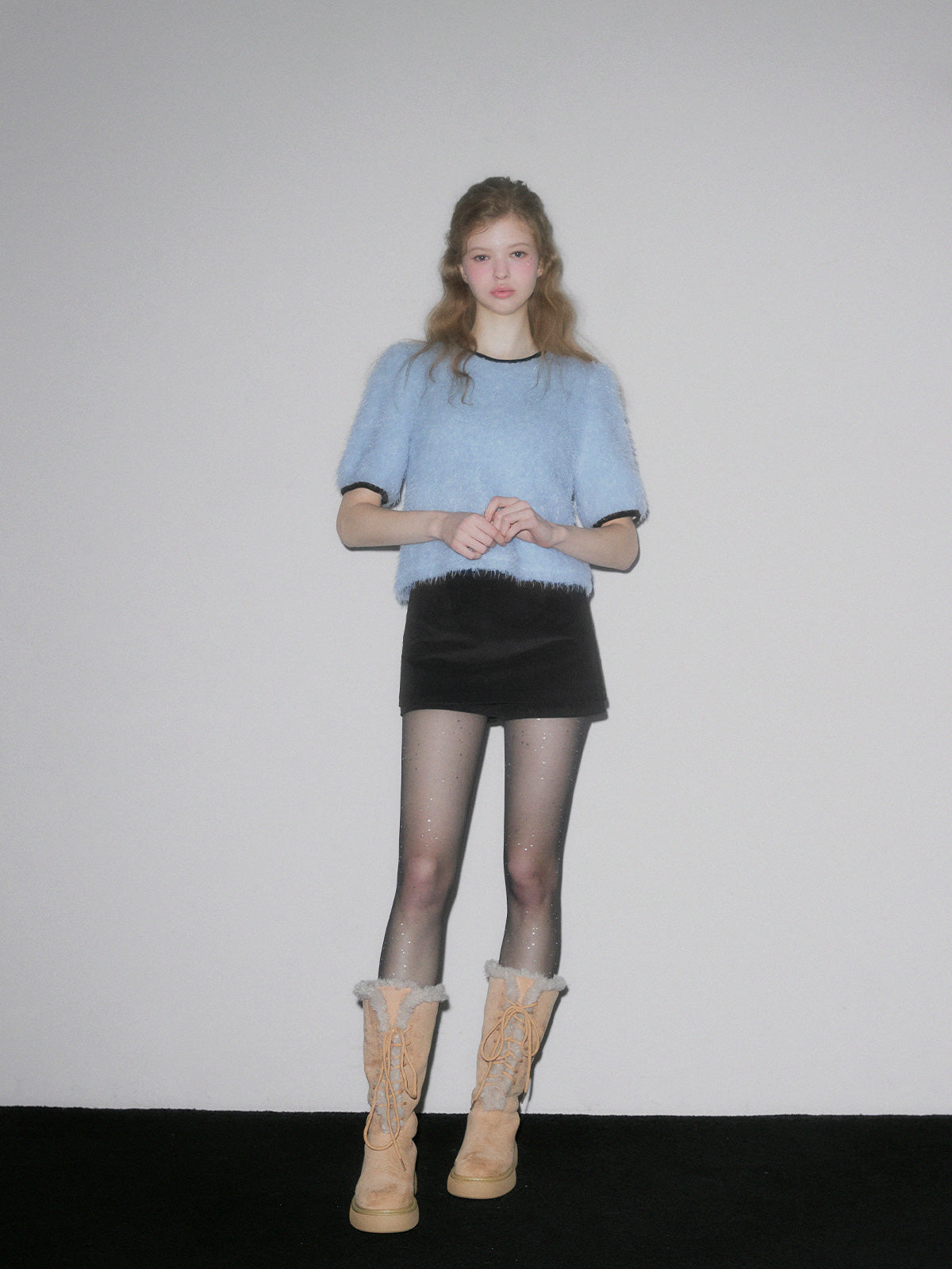 [TWEE] Moco boucle puff short-sleeve blouse