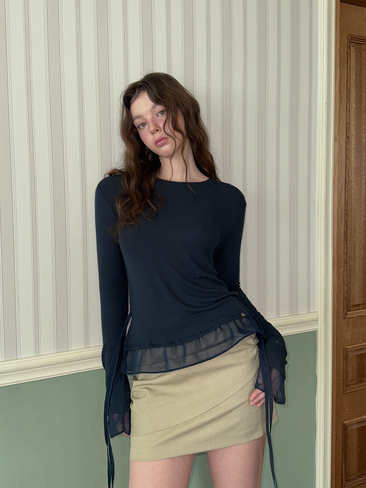 [TWEE] Canvil Sheer Layered Strap Long Sleeve T-Shirt