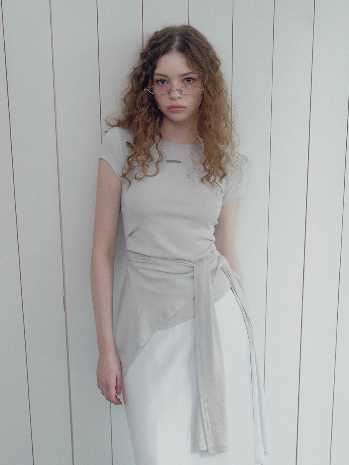 [TWEE] Ento slim shirring short sleeve t-shirt (muffler set)