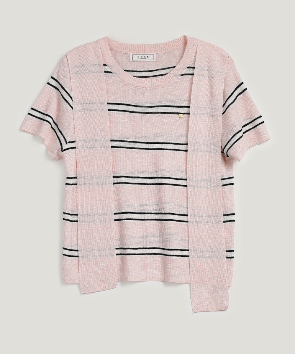[TWEE] Neko Scarf Stripe Short-Sleeve Knit