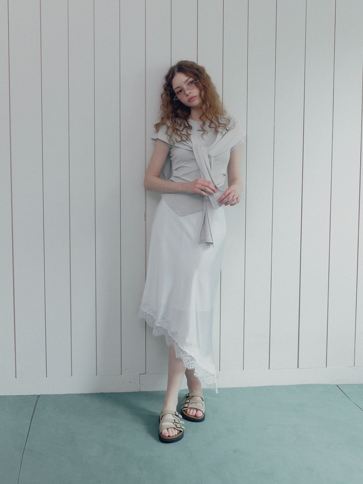 [TWEE] Ento slim shirring short sleeve t-shirt (muffler set)