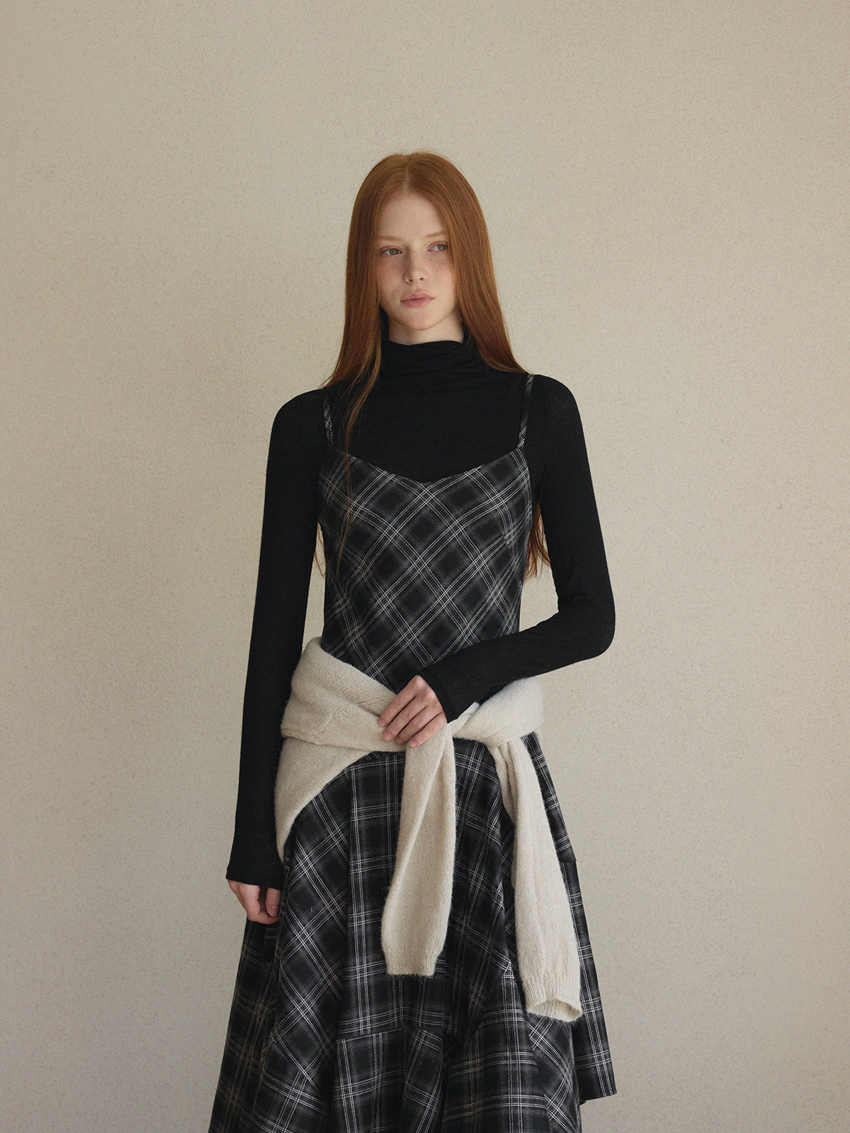 【TWEE】Drea Check Asymmetrical Sleeveless Long Dress