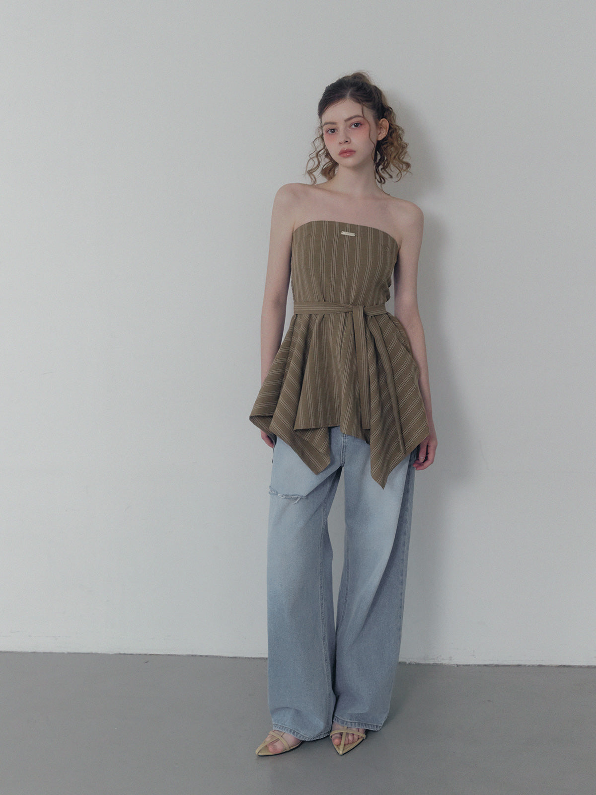 [TWEE] Heichi Stripe Asymmetric Tube Top(Strap Set)