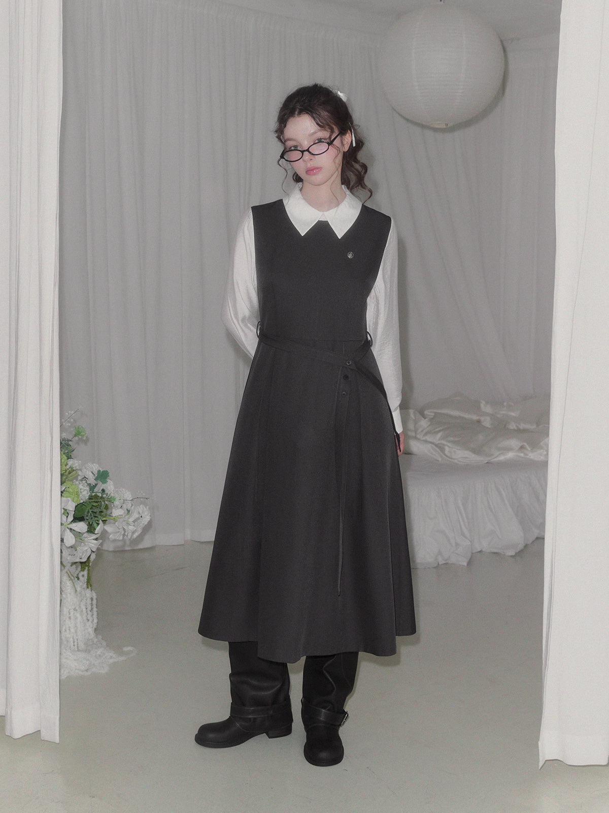 [TWEE] Riven shirt contrast pintuck long dress (strap set)