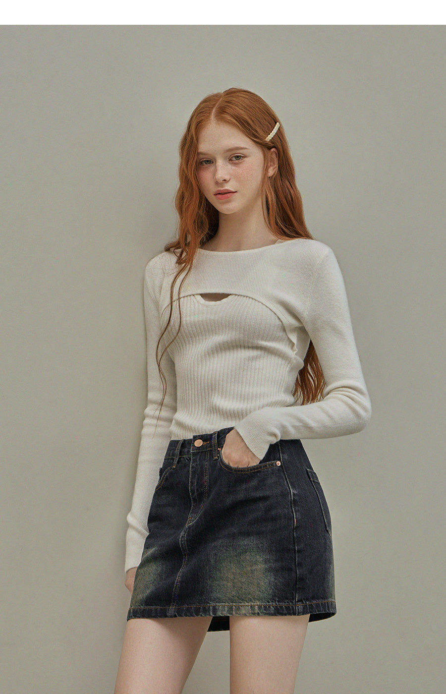 [TWEE] Regin Cut-Out Bolero Layered Knit