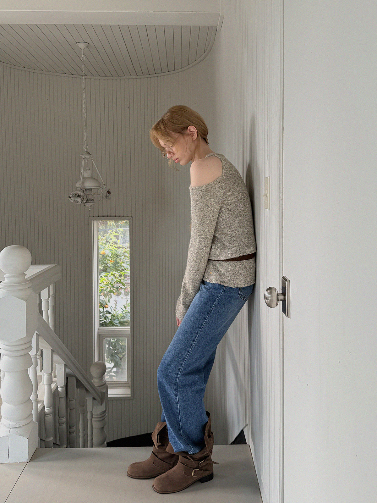 [TWEE] Bels Shoulder Cutout Knit Top (Belt Set)