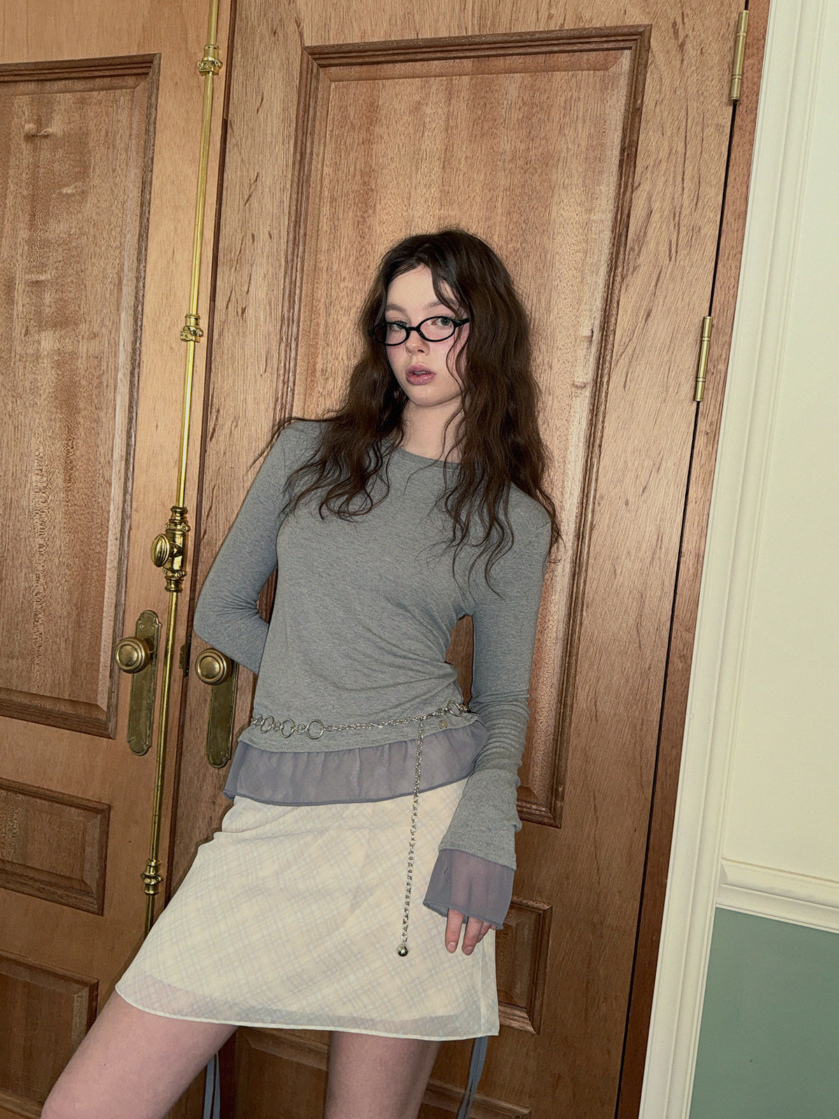 [TWEE] Canvil Sheer Layered Strap Long Sleeve T-Shirt