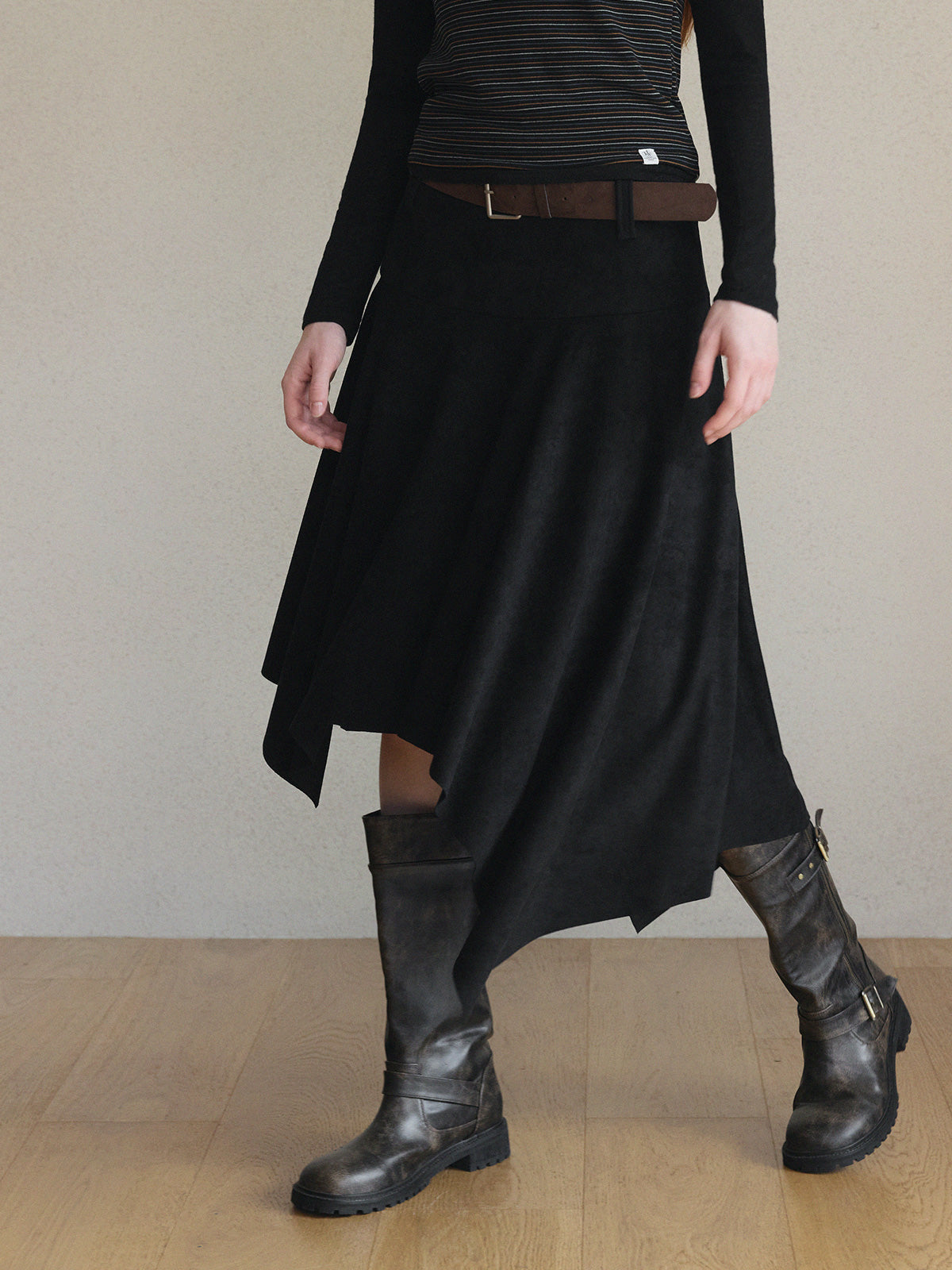 [TWEE] Aden Asymmetrical Suede Midi Skirt (with Belt Set)