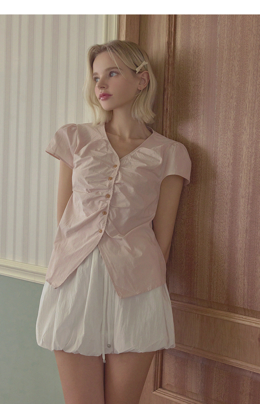 [TWEE] Witty Button Shirring Blouse