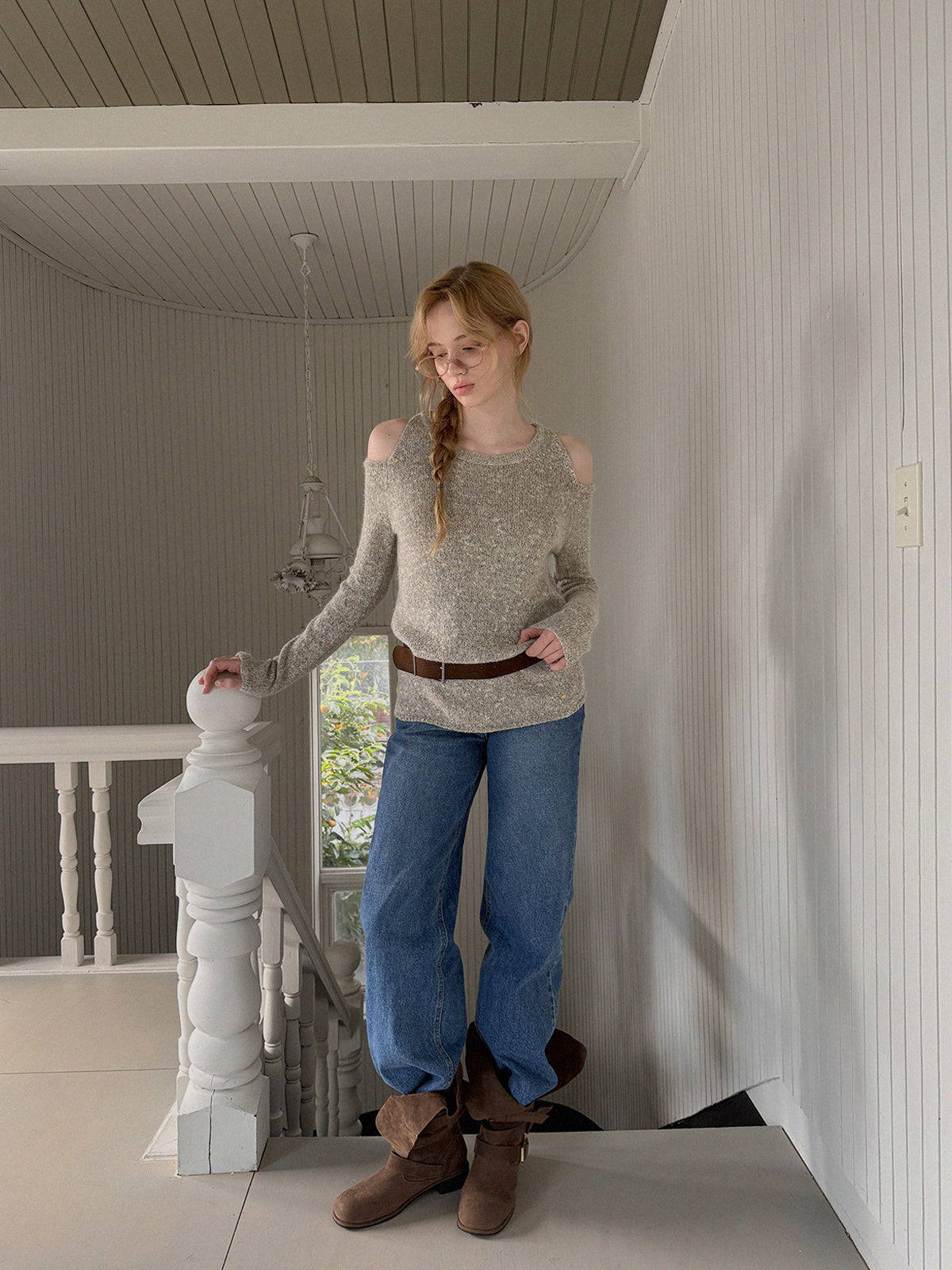 [TWEE] Bels Shoulder Cutout Knit Top (Belt Set)