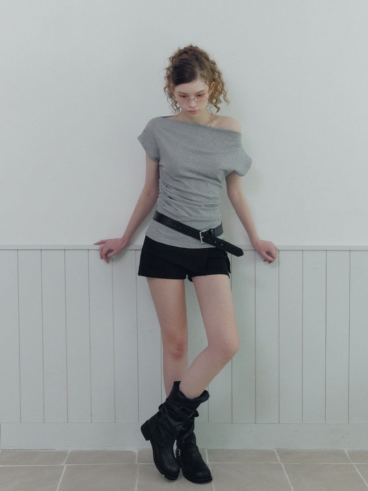 [TWEE] Mua One-Shoulder Shirred Asym T-Shirt (Belt Set)