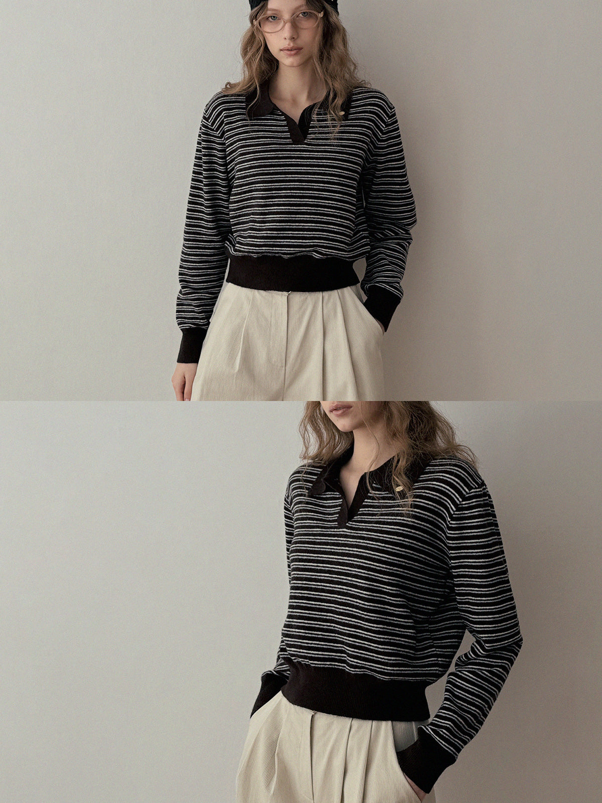 [TWEE] Stun Stripe Collar Long Sleeve Knit