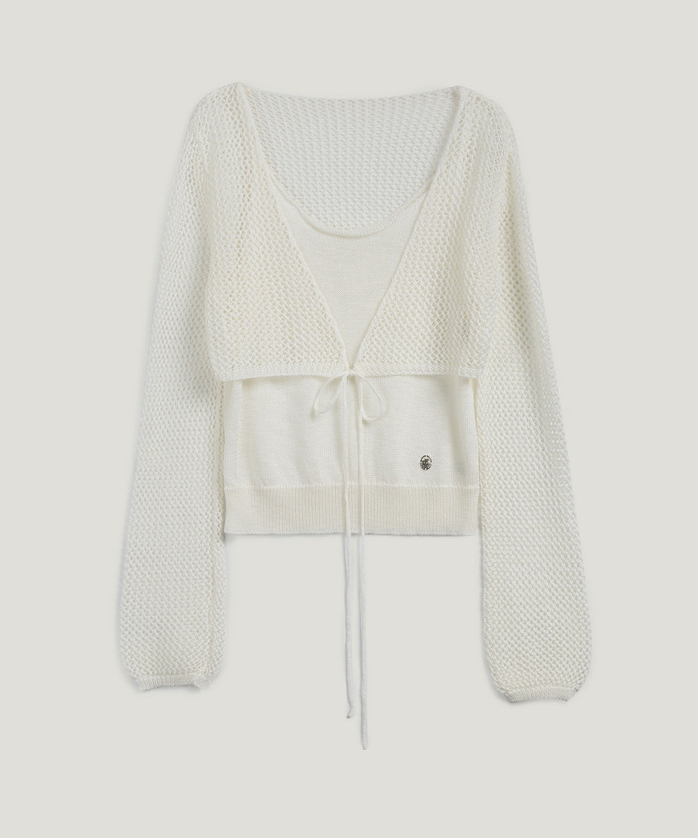 [TWEE] Louver Punching Strick Tank Cardigan Set