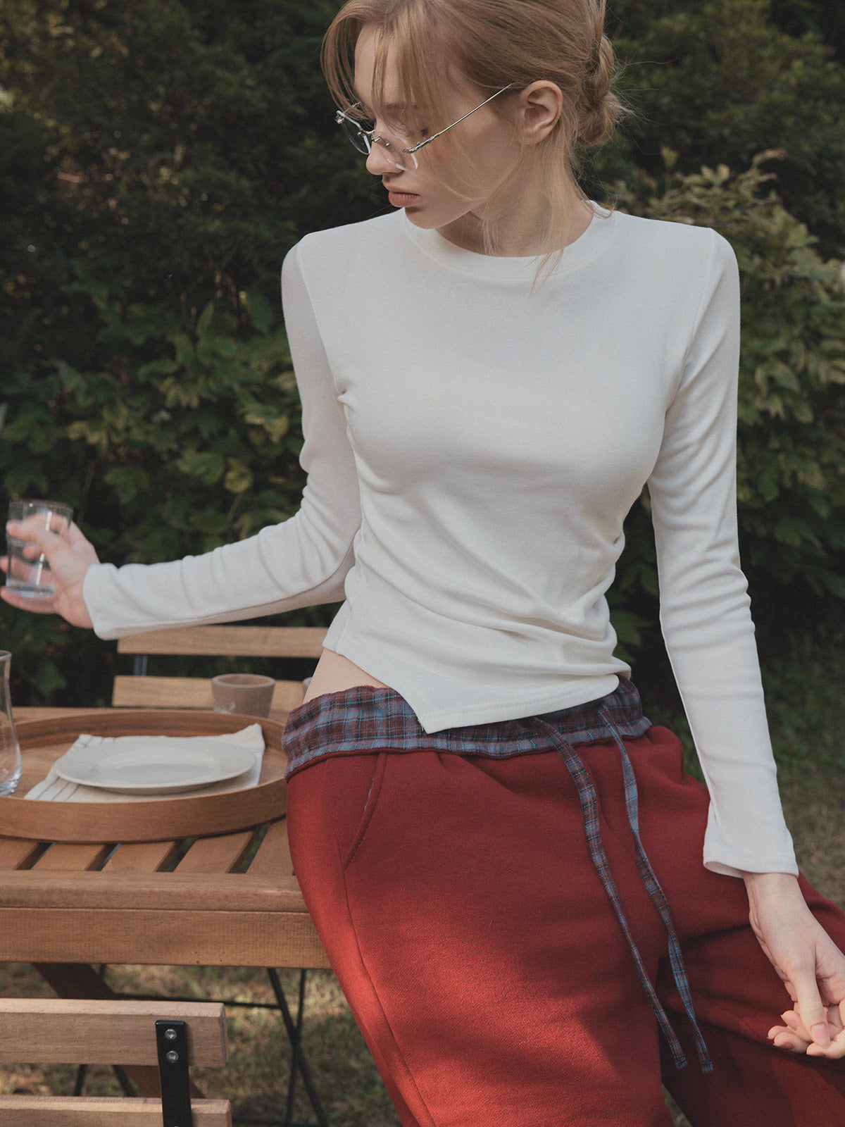 [TWEE] Teld Raffung Rundhals Langarmshirt