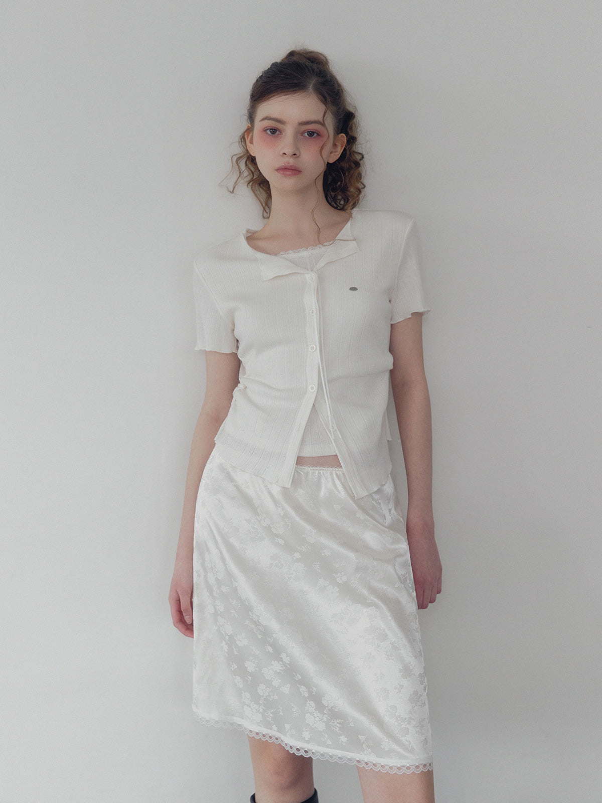 [TWEE] Divet flower satin banding midi skirt