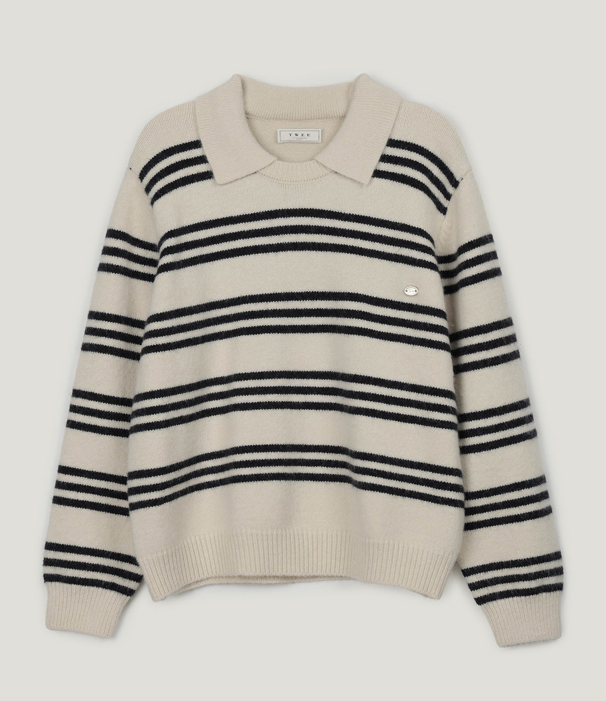 [TWEE] 주름 스트라이프 럭비 칼라 니트 탑