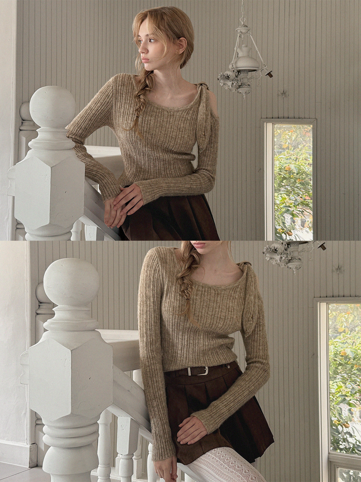 [TWEE] Bohe Shoulder Cut-Out Strap Knit Top