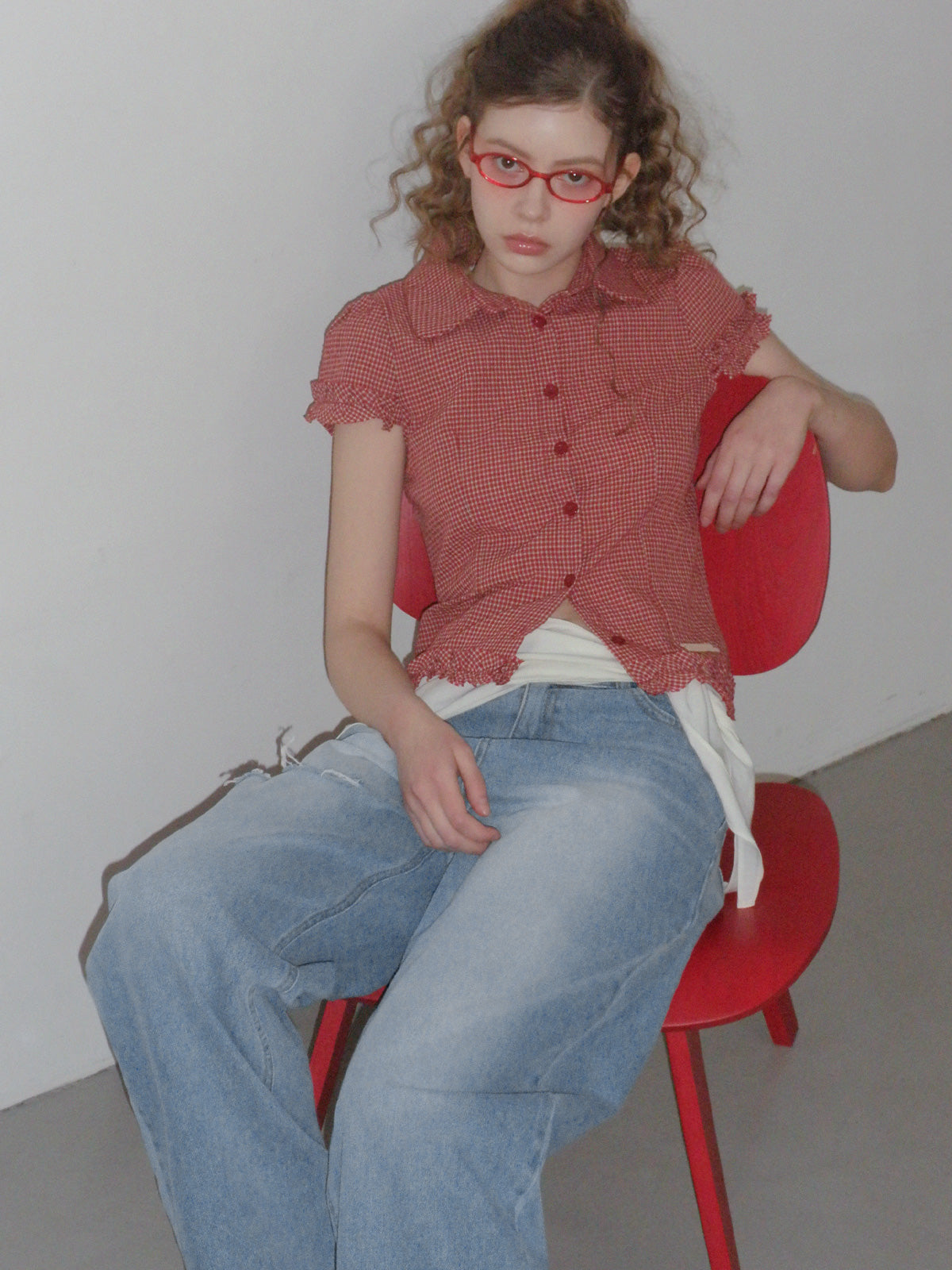 [TWEE] Roel check frill short sleeve blouse