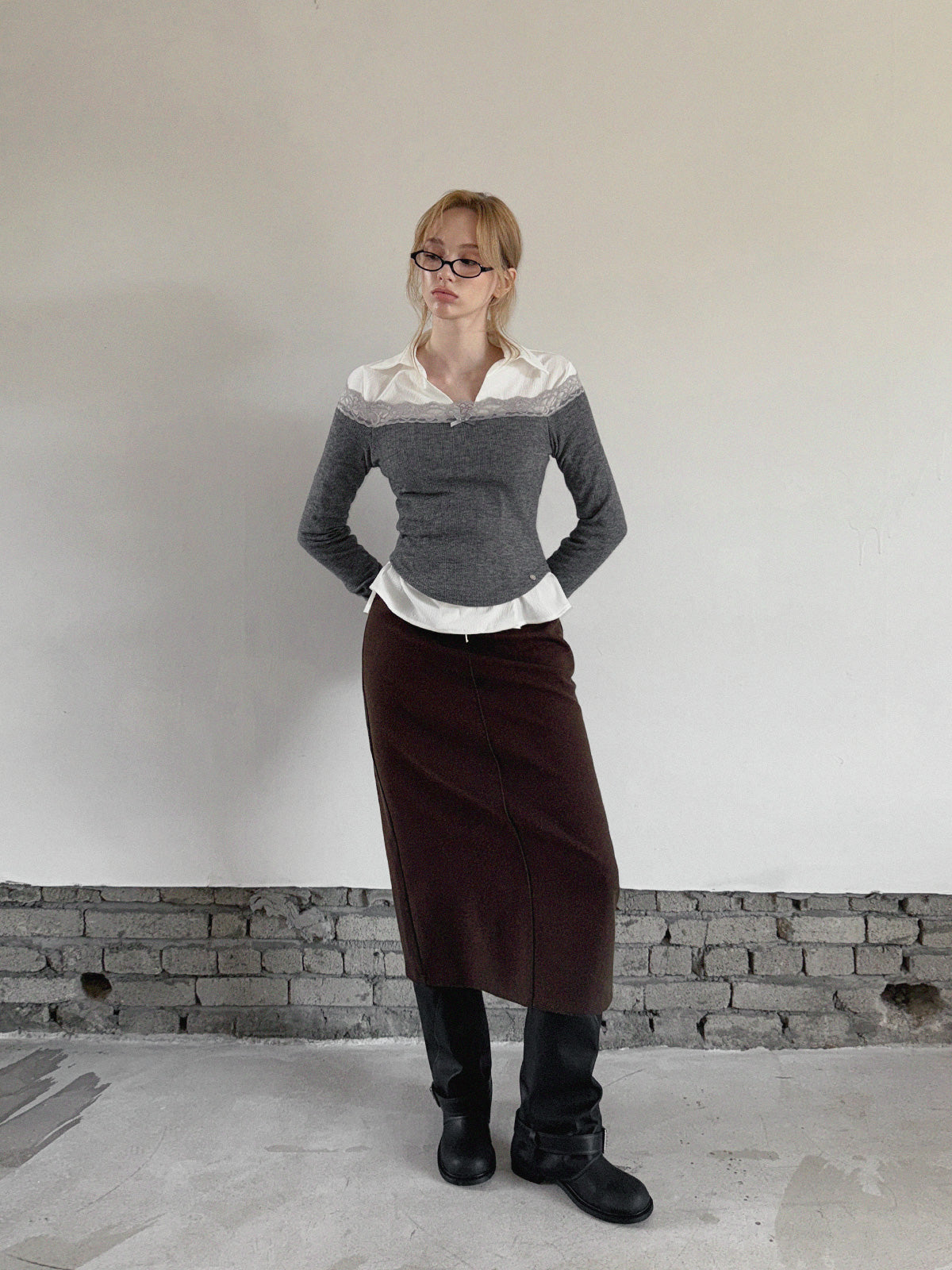 [TWEE] Nize Spitzen-Lochmuster Off-Shoulder Langarmshirt