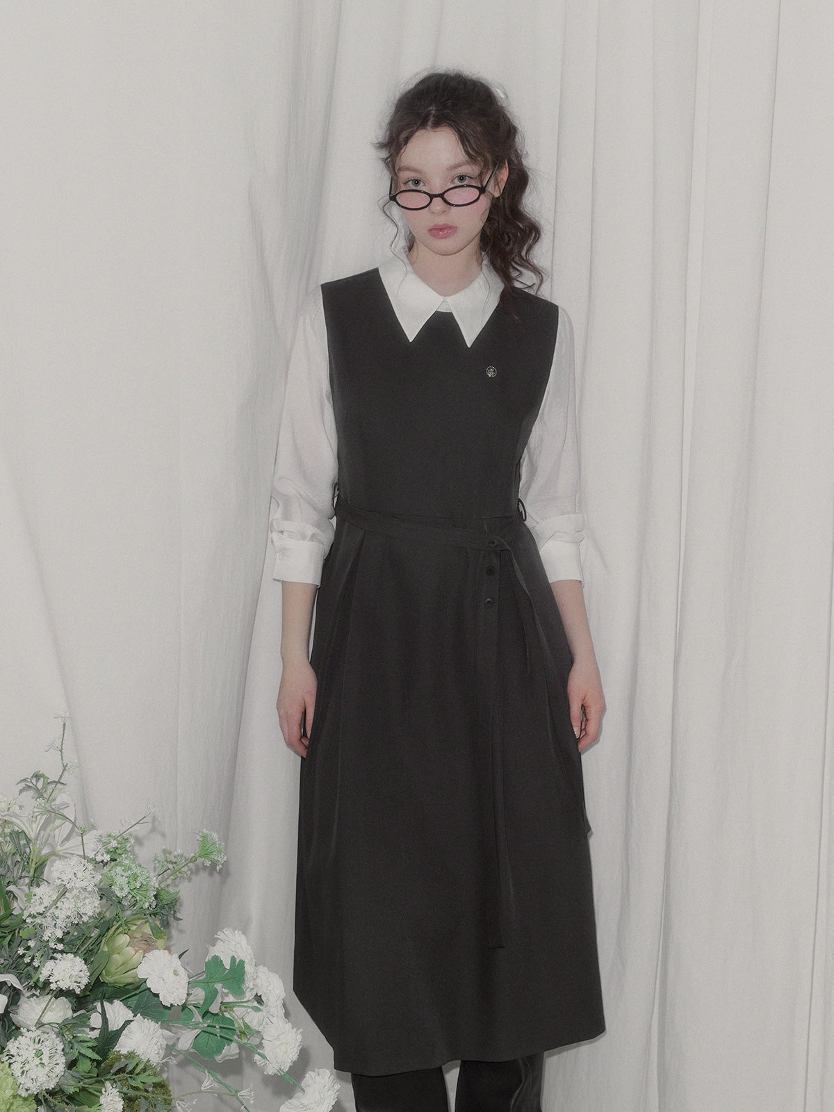 [TWEE] Riven shirt contrast pintuck long dress (strap set)