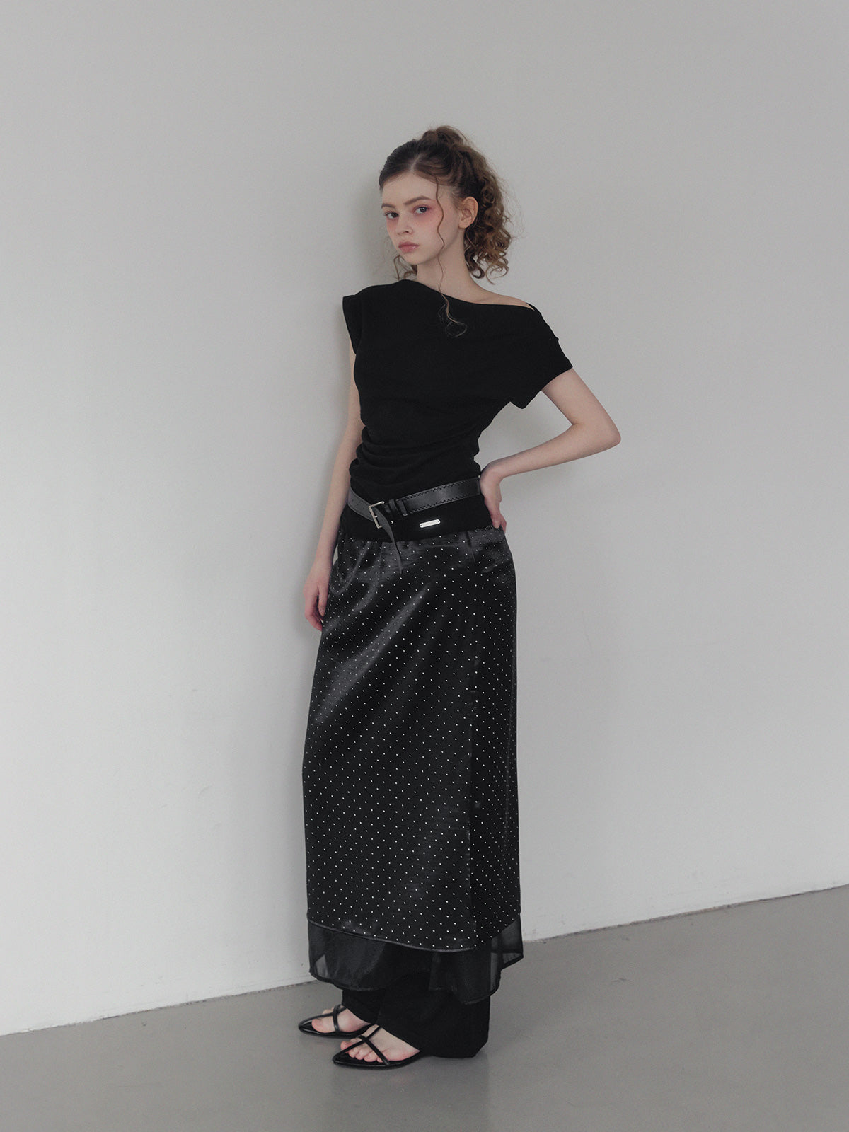 [TWEE] Purd dot layered banding long skirt