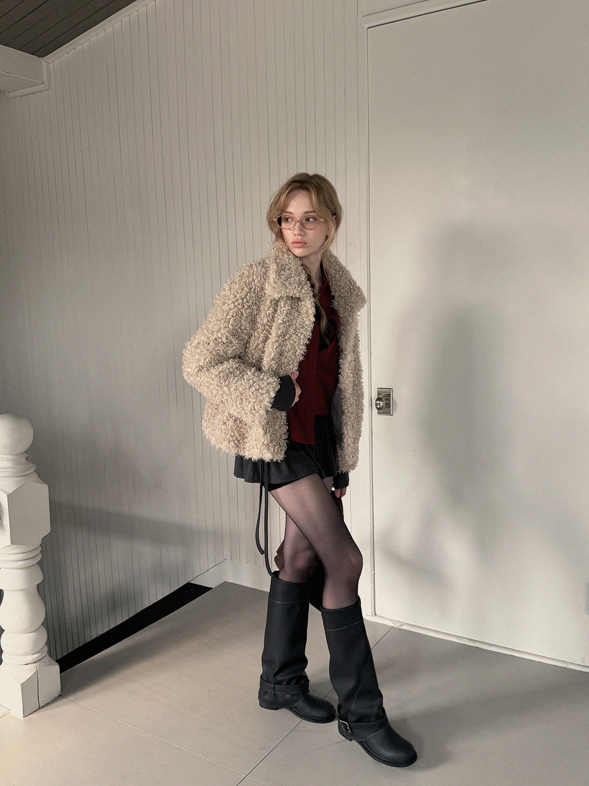 [TWEE] 썩은 와이드 칼라 테디 퍼 재킷